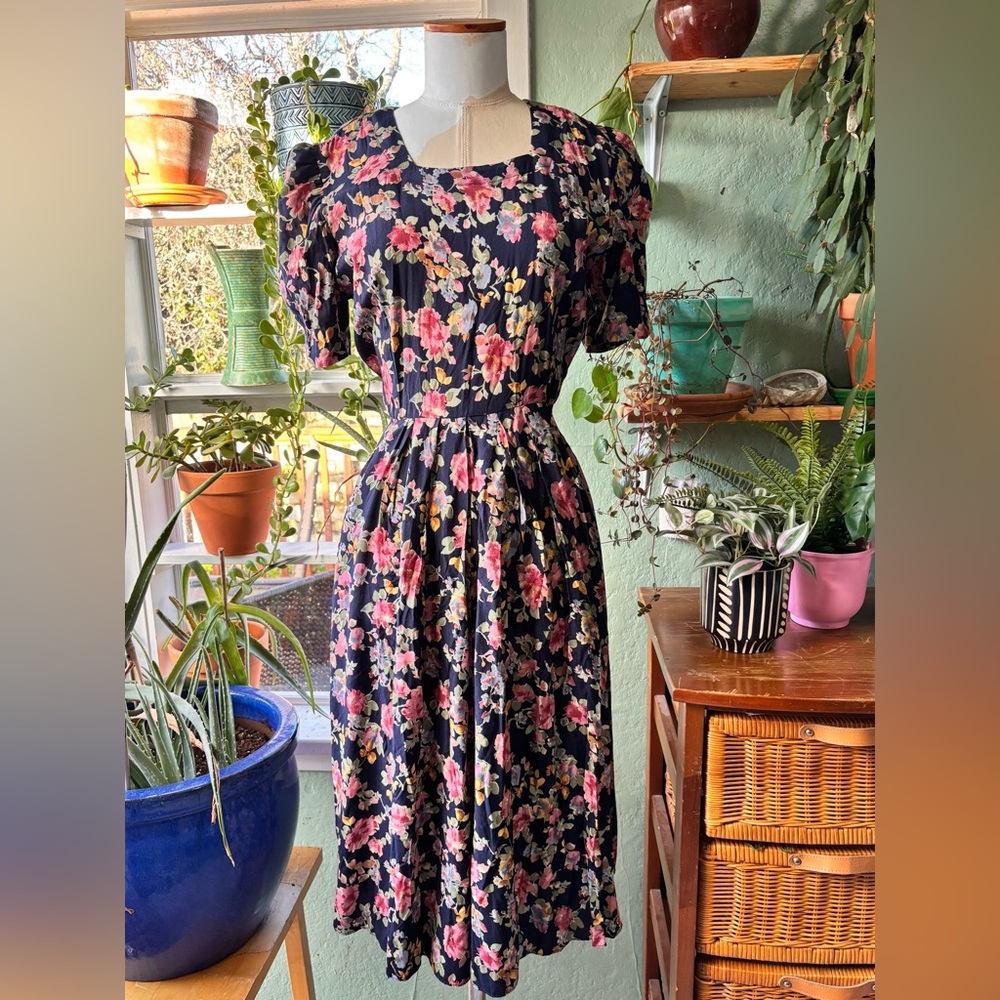 Vintage 90s Floral Cotton Puff Sleeve Midi Dress